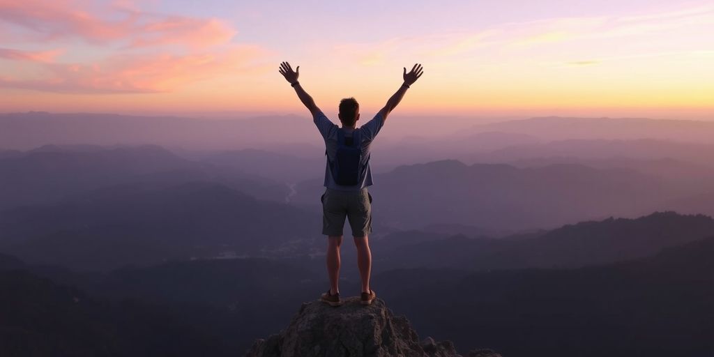 Person on mountain peak at sunrise, arms raised.