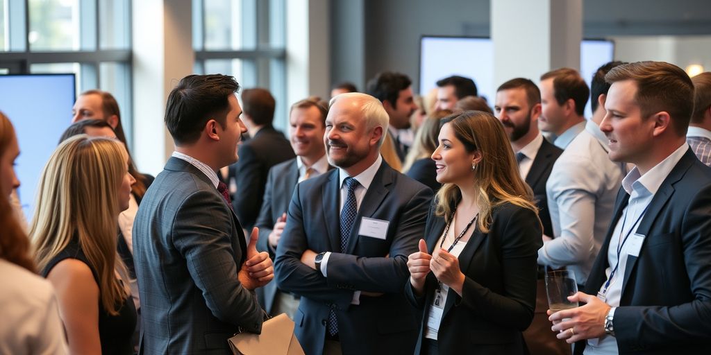 Professionals networking at an event