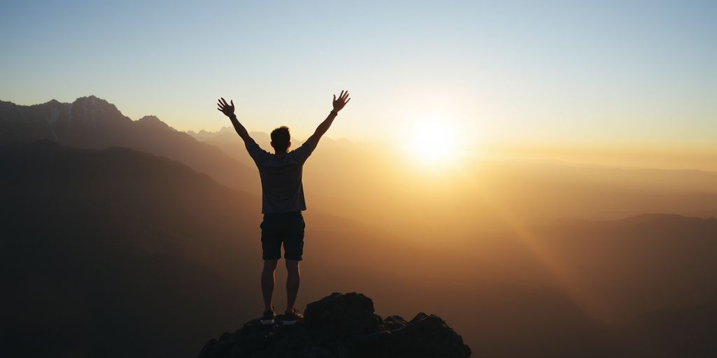 Person celebrating on mountain peak at sunrise